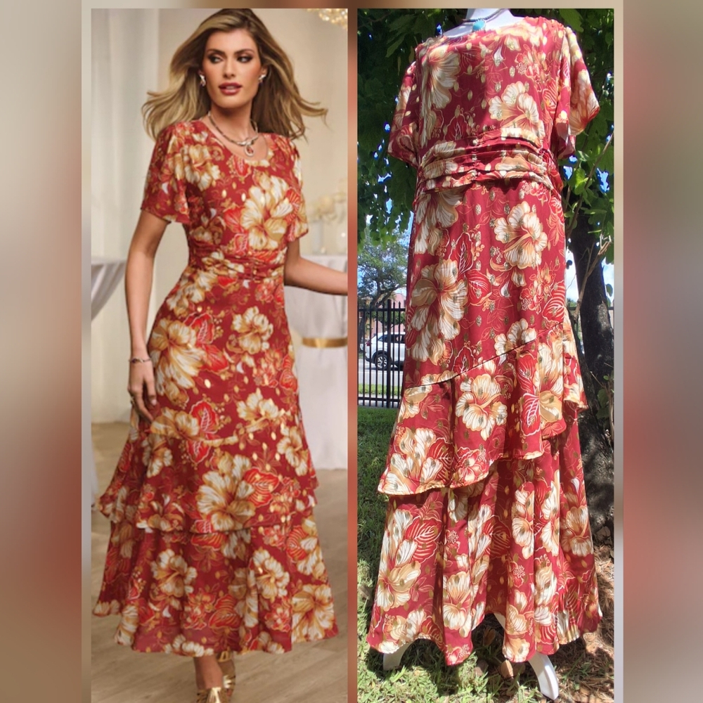 🔥NEW ELEGANT BOHO Red Floral Maxi Dress Size 14 & FREE GIFT